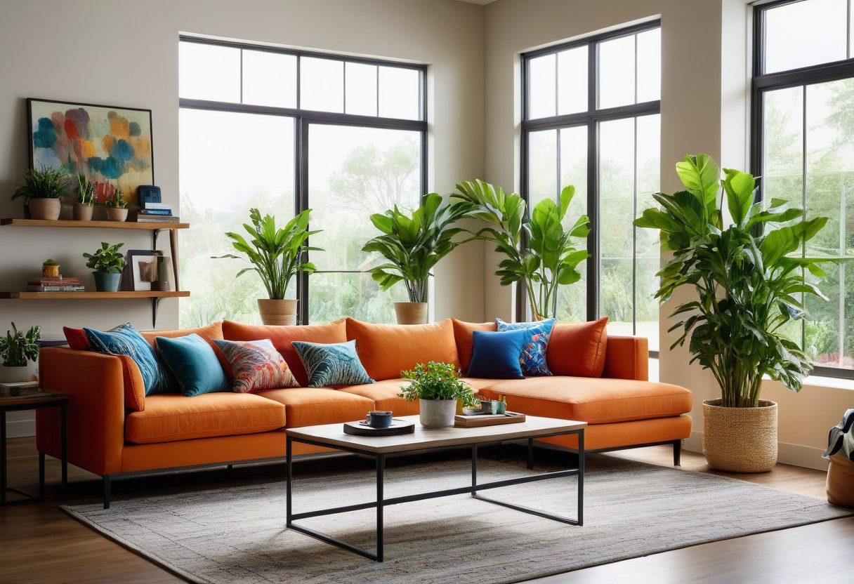 A beautifully arranged living room showcasing stylish and affordable furniture, featuring a cozy sofa with colorful cushions, a chic coffee table, and trendy decor items. Illuminate the space with natural light pouring through large windows, and add hints of greenery with potted plants around. Capture an inviting atmosphere that feels both modern and welcoming. vibrant colors. super-realistic. airy background.