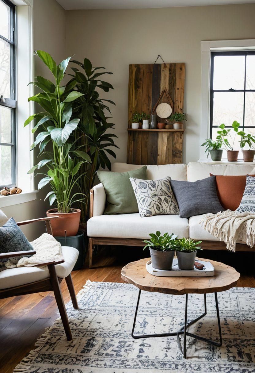 A cozy modern living room decorated with sustainable materials like reclaimed wood furniture and organic cotton textiles. Include vibrant green houseplants and stylish eco-friendly decor accents such as handmade pottery and recycled metal art. Soft natural lighting enhances the warmth of the space, reflecting a chic yet environmentally conscious lifestyle. super-realistic. vibrant colors. bright background.